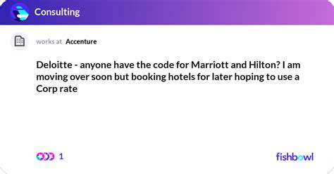 Hilton deloitte code - Corporate codes for hotel booking. mainly deloitte. Hilton-0601560 Marriott Group -> “DTC,ACC,IBM,BOA” Starwood Properties -> “7770781” Intercontinental Group -> “100218296”